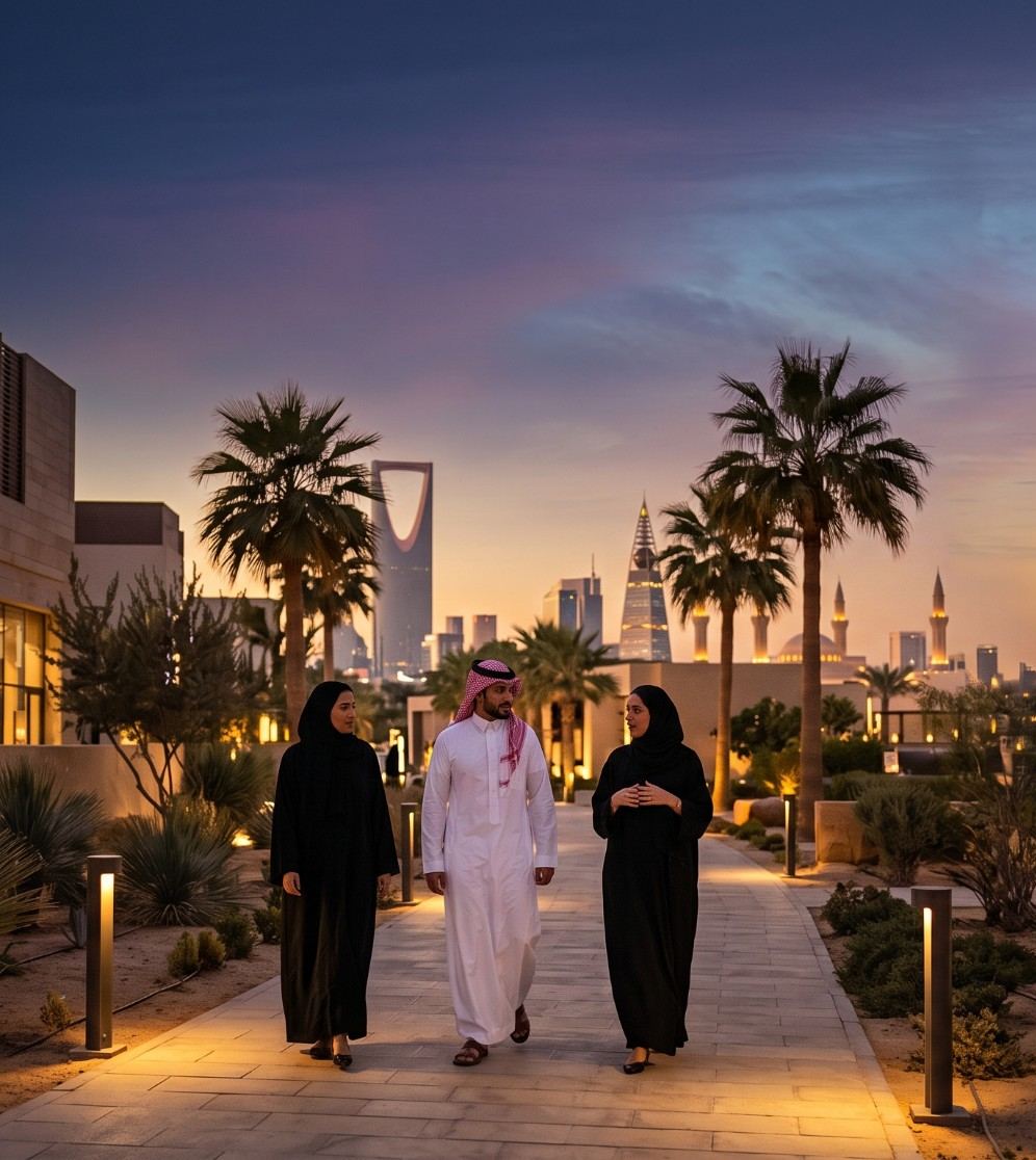 متدربون ومتدربات يسيرون في ممرّ حرم تدريبي بالرياض عند الغروب
